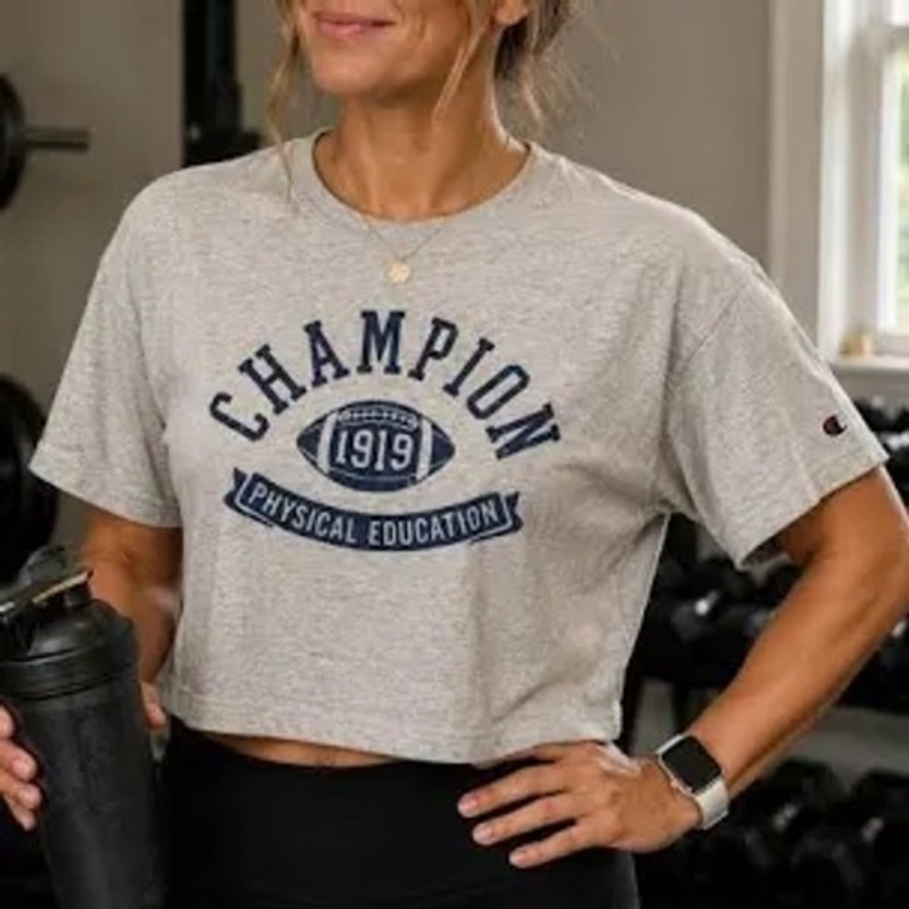Champion Women's Cropped Tee Ash Heather Graphic Gray Small NEW